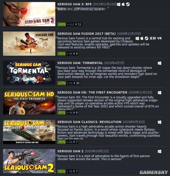 《英雄萨姆》系列Steam迎特惠 全场1折起、低至7元